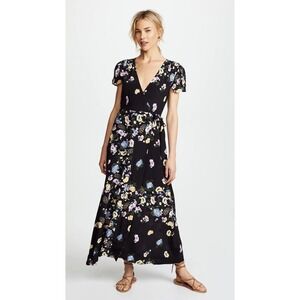 Free People Gorgeous Jess Wrap Dress Black Floral Maxi Short Sleeve Size S